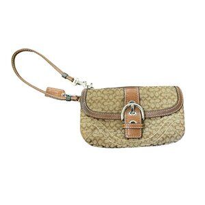 Coach Signature Wristlet Wallet Buckle-Accent Leather-Strap Brown Canvas Logo